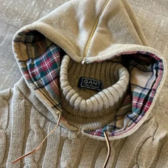 Gant Rugger Beige Wool Hoodie Jacket sz M RARE Cable Knit Sweater Varsity Preppy - Picture 9 of 11